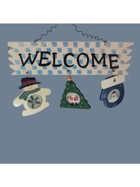 Christmas Welcome Wall Hanging w/Snowman Tree & Stocking Holiday Décor